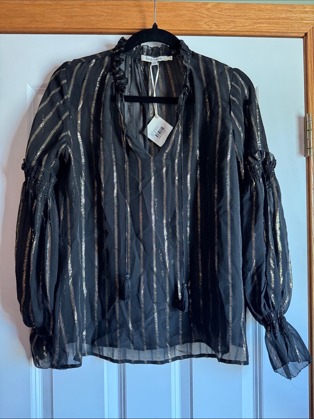 NWT Haute Hippie Black Silk Blouse with Metallic Gold Pinstripes size Small